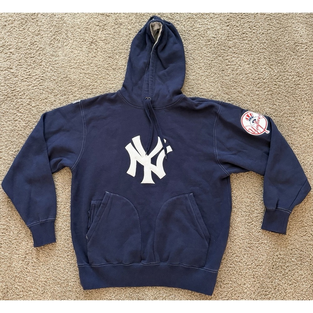 VNew York Yankees Majestic Hoodie Sweatshirt Logo Patch Navy Mens Medium - Picture 1 of 10